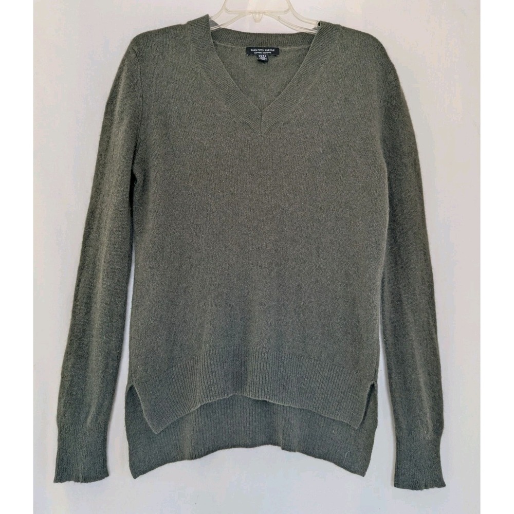 Saks Fifth Avenue Women's S 100% Cashmere V-Neck Sweater Green